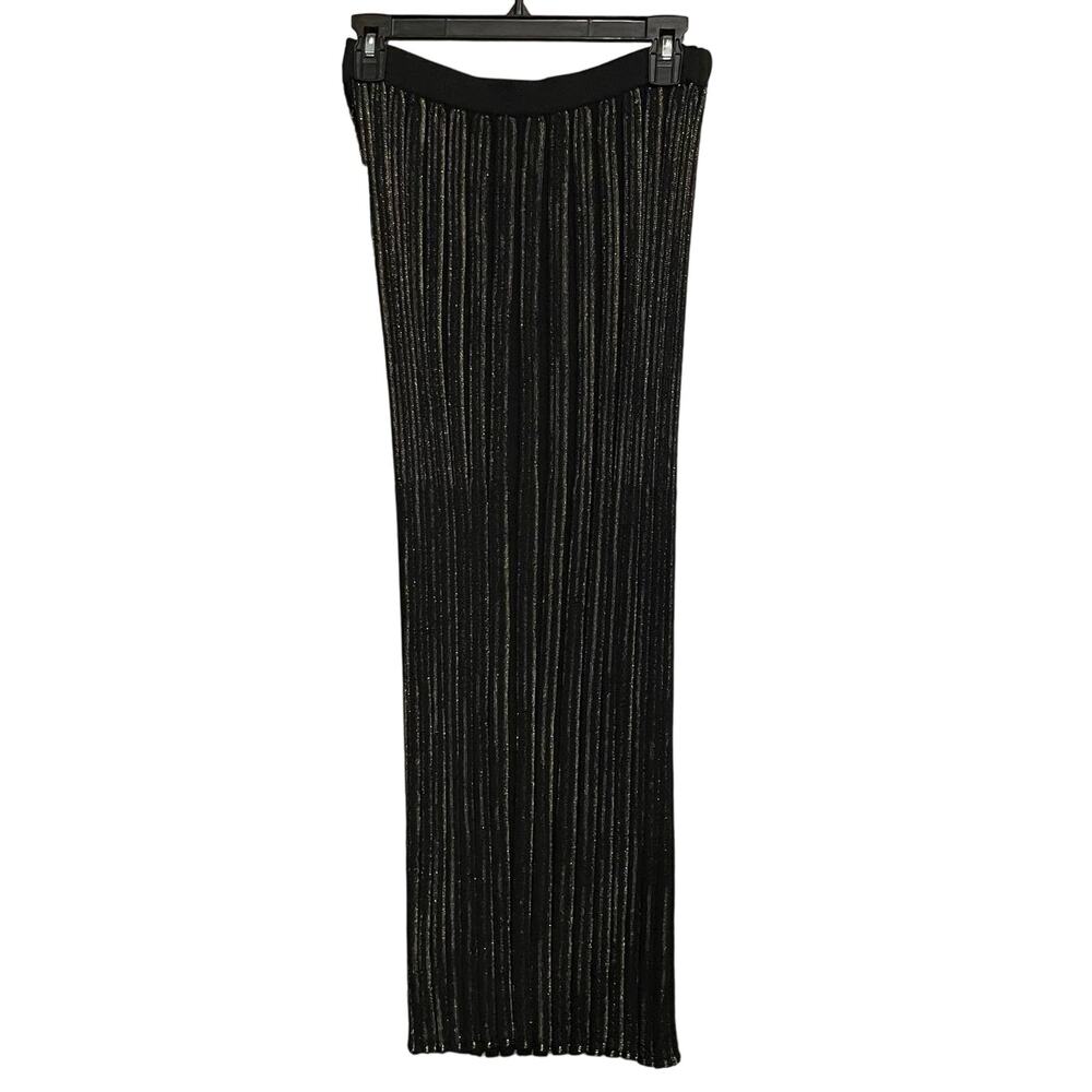 Ming Wang Skirt Pleated Maxi Pull On Black Gold Striped‎ Knit Sz XS MODEST New